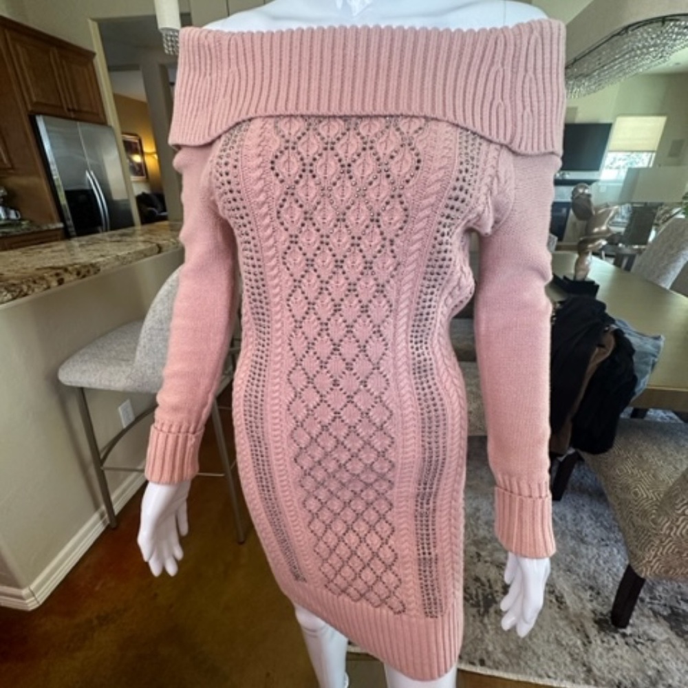 bebe off shoulder cable sweater dress